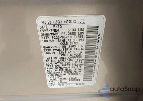 2010 Nissan Murano Sl z USA, uszkodzony, nr VIN JN8AZ1MU7AW016017